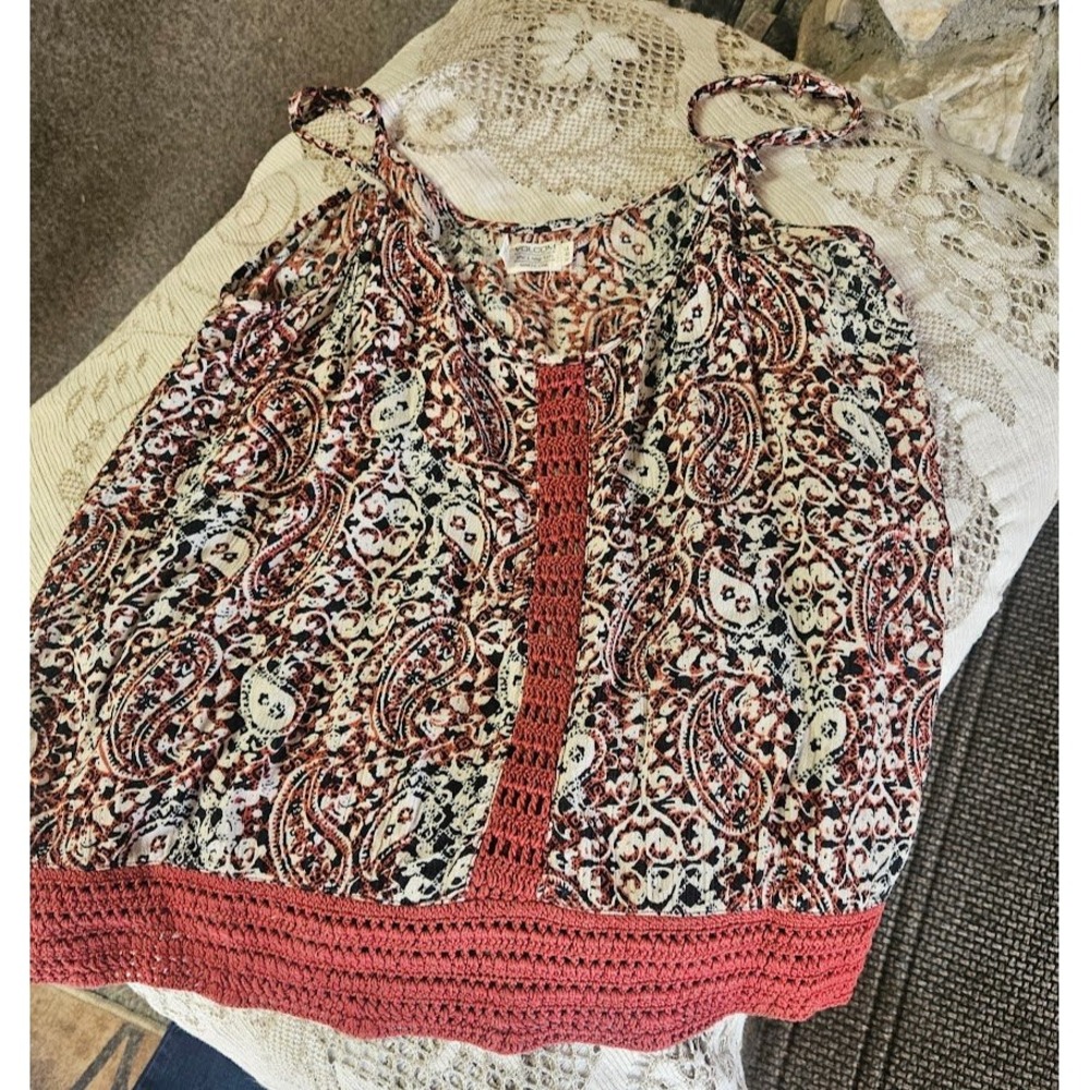 Volcom Paisley Crochet Trim Tank Top Boho Festival Red Cream Size L 14 - Picture 3 of 4